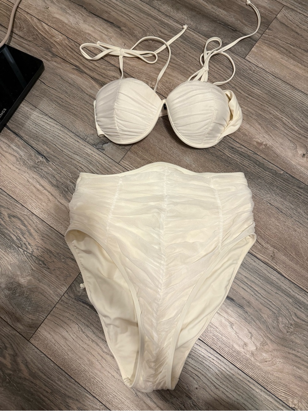 Andrea Iyamah Cream Ruched High-Waist Bikini Set